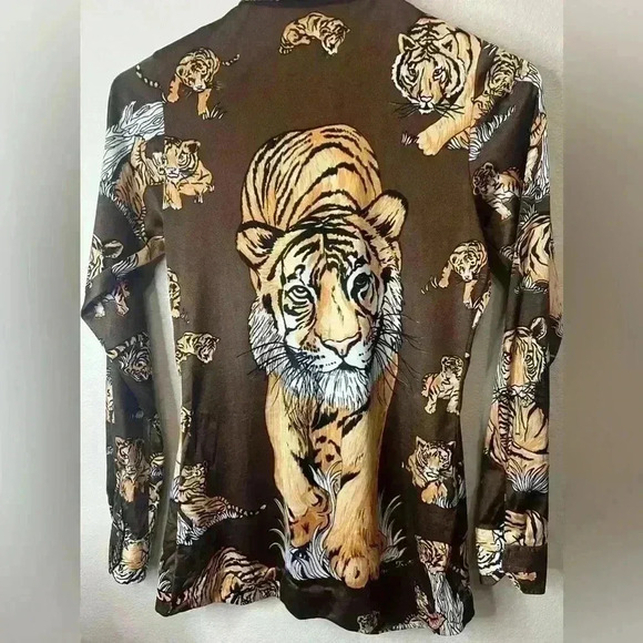 Vintage 70s Disco Mod Tiger All Over Art Cat Print Miami Brown Button Shirt - Picture 2 of 8